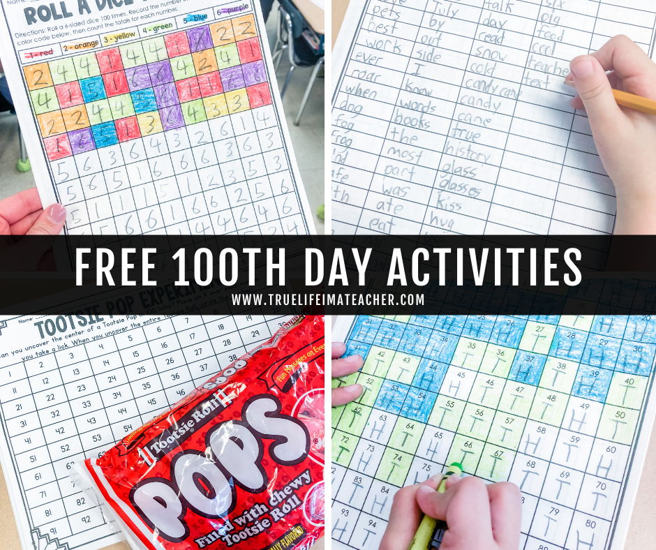 Use these free 100th day of school activities including writing, candy experiment, coin toss, self-portrait, snack, and more to fill your day with fun. 