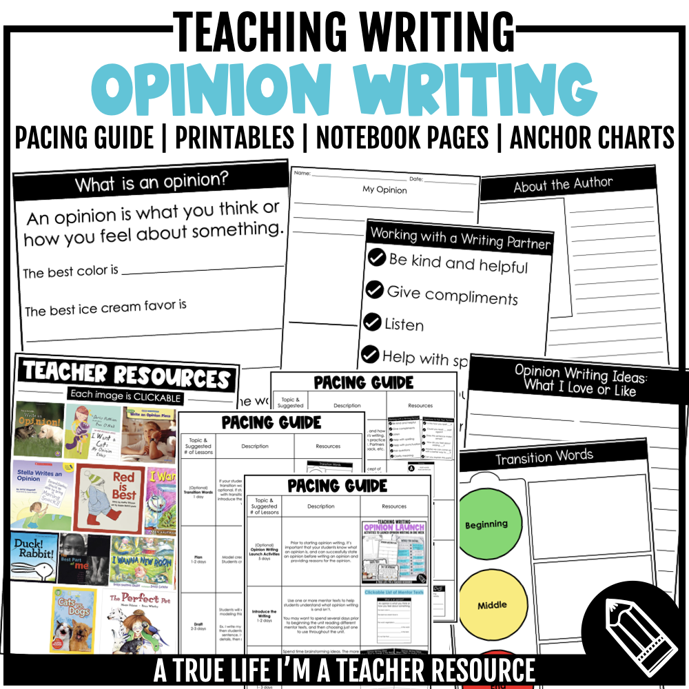 If you're looking for resources to lead your students through the writing process so that they have a completed opinion writing piece, then Opinion Writing Resources will help you! Students will brainstorm, plan, draft, revise, edit, and publish an opinion writing piece.